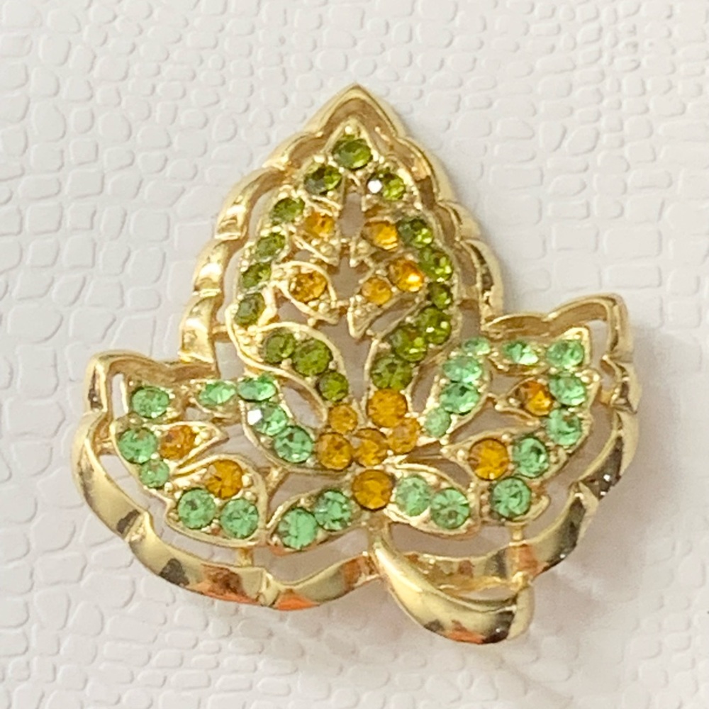 Beautiful Gold Tone Yellow and Green Rhinestones Leaf Brooch